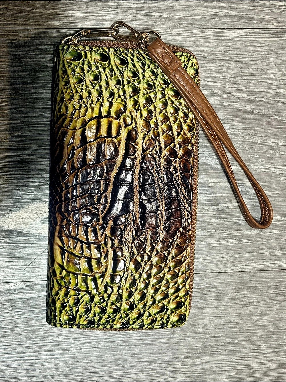 Crocodile-Embossed Wristlet Wallet in Green & Brown Like New